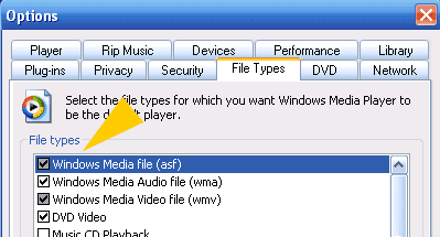 Windows Media Player File Types Menu