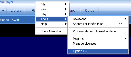 Windows Media Player Options Menu